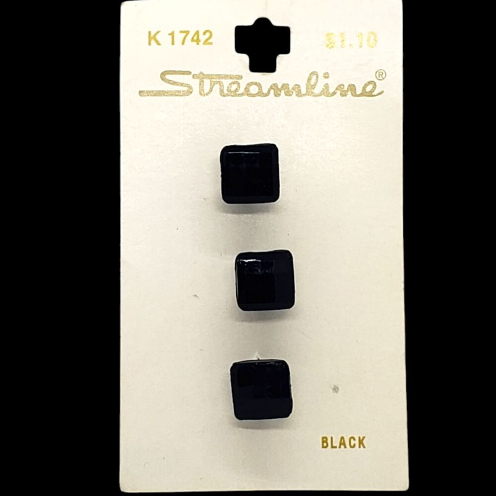 Vintage Streamline K1742 Black 6mm Square 3 Buttons on Card Made in Italy 1 Hole